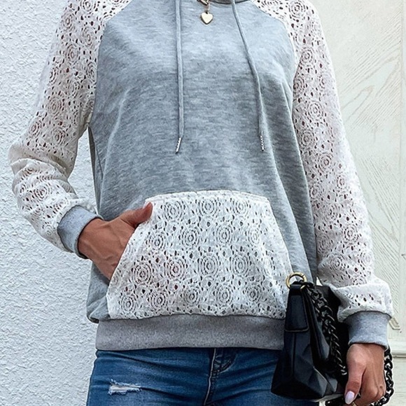 Lace Raglan Sleeve Drawstring Hoodie - Picture 6 of 7